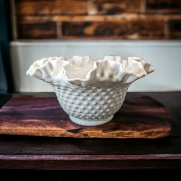 Fenton Other - Vintage Fenton 80s White Milk Glass Hobnail Ruffled Crimped Edge Vase Bowl 8.75”